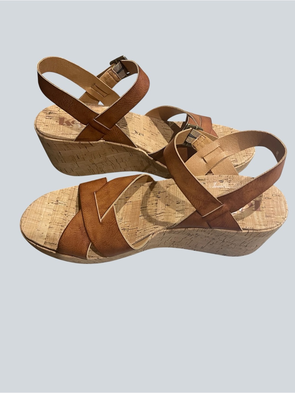 Women's Tan Cork Wedge Sandals - Strappy Comfort - Picture 3 of 6